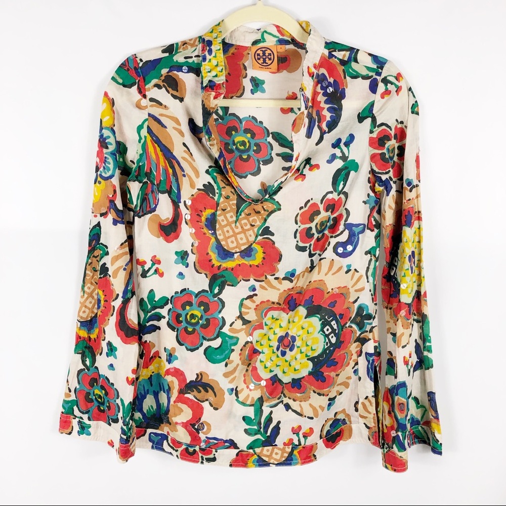 Tory Burch Stephanie Floral Tunic Blouse Clear Sequins V Neck Bell Sleeve.